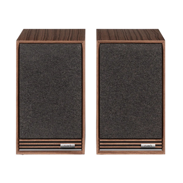 front view of Ruark Sabre-R Bookshelf Speakers, black compact hi-fi stereo speakers
