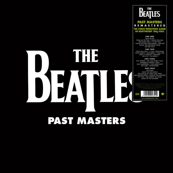 Album cover for 'The Beatles Past Masters' with text and logo on a black background