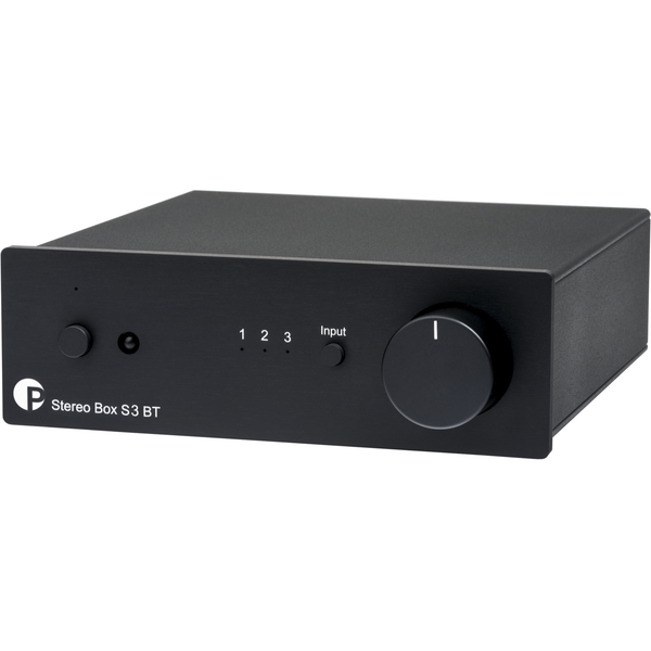 image of a Pro-Ject Stereo Box S3 BT Integrated Amplifier, compact black hi-fi amp with Bluetooth streaming