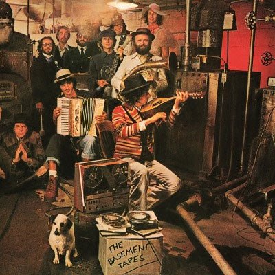 Bob Dylan The Basement Tapes 2x vinyl LP, folk-rock album cover with Dylan and band posing in the photo