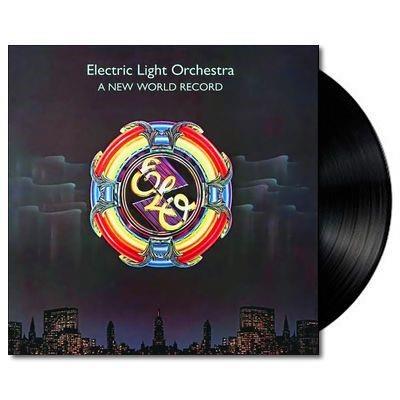 Vinyl LP record of Electric Light Orchestra titled 'New World Record' with a multicolored album cover featuring the band's logo.