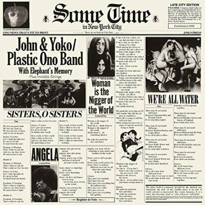 The image shows the cover of the John Lennon & Yoko Ono / Plastic Ono Band album 'Some Time In New York City', which features a black and white newspaper page of the artists with text and lyrics on the page.