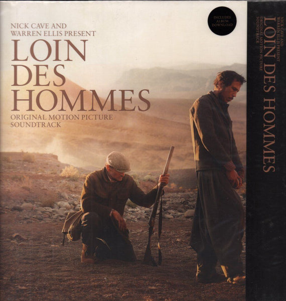 Vinyl LP cover featuring two men in a desert landscape, with text indicating it is the soundtrack for 'Loin des Hommes' by Nick Cave & Warren Ellis.