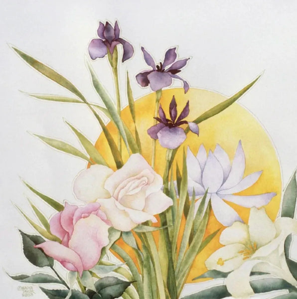 Bouquet vinyl by Robbie Basho, American primitive folk collectible vinyl, colourful abstract cover with floral motifs