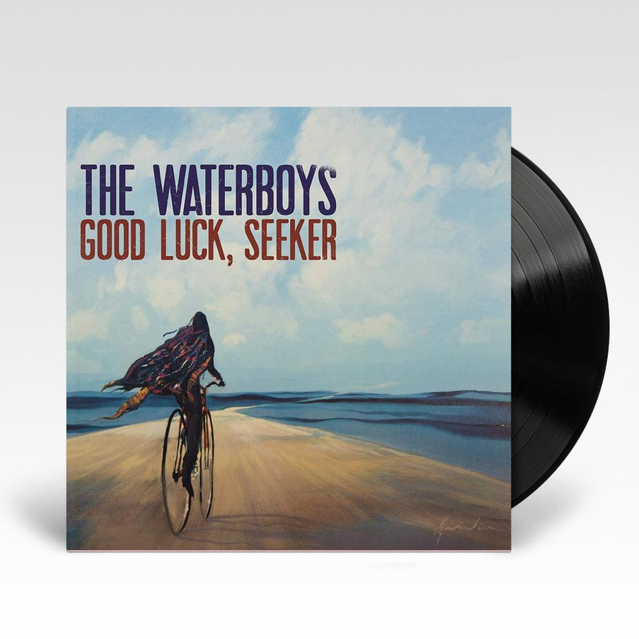 The Waterboys Good Luck Seeker vinyl LP, rock and folk fusion album cover artwork showing a person riding a bike along a dirt path
