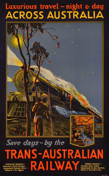 Travel By Trans-Australian Railway. Luxurious Travel - Night and Day Across Australia. Tourism Travel Poster