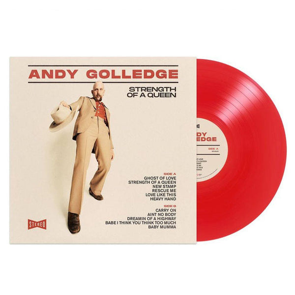 Red vinyl LP record of Andy Golledge album 'Strength Of A Queen' with album cover featuring the artist on the cover.