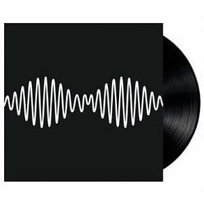 A black vinyl LP of Arctic Monkeys album 'AM' with a graphic sound wave design on the front cover.