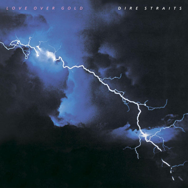 Album cover for Dire Straits – Love Over Gold featuring a lightning bolt graphic against a dark background with the title and band name.