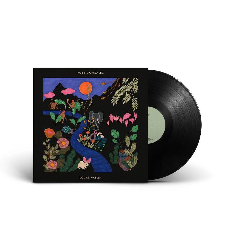A vinyl LP of José González's album 'Local Valley' with a black cover featuring a colorful illustration.