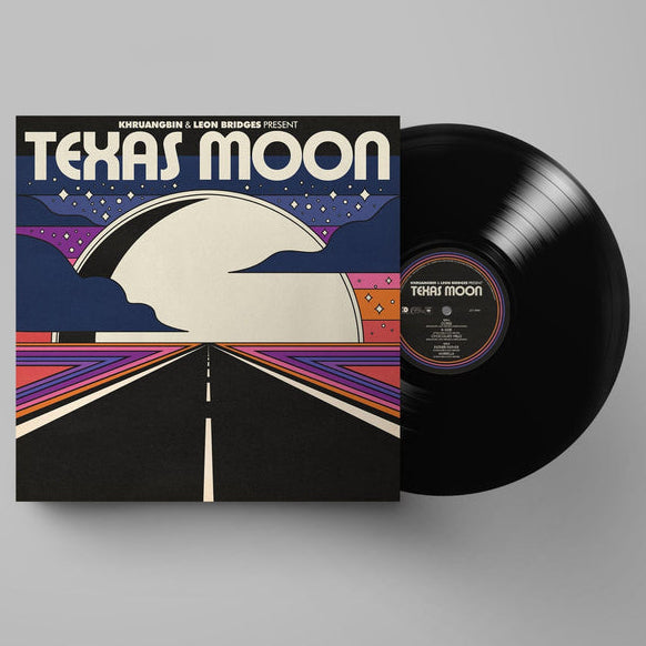 A 12-inch vinyl EP of Khruangbin & Leon Bridges titled 'Texas Moon' with a black record and a cover featuring a stylized road leading to a stylized moon.