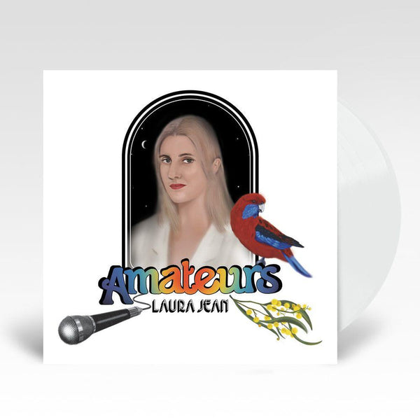 White vinyl LP record titled 'Amateurs' by Laura Jean, featuring an illustration of Laura face with a bird and the text 'Amateurs' above it.