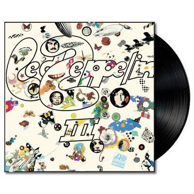 A vinyl LP of Led Zeppelin album 'III' with a colourful and busy cover art featuring various symbols and the band members.