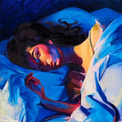 Album cover art for Lorde's Melodrama featuring a painting of lorde lying down, covered in a blue sheet, with a focus on the face and upper body.