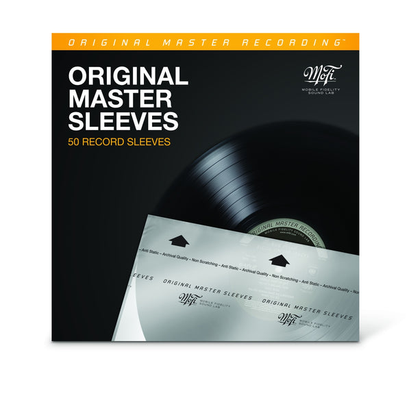 A pack of 50 MoFi Original Master Record Inner Sleeves, designed for vinyl LP protection and storage, displayed with a vinyl record partially inserted into one of the sleeves.