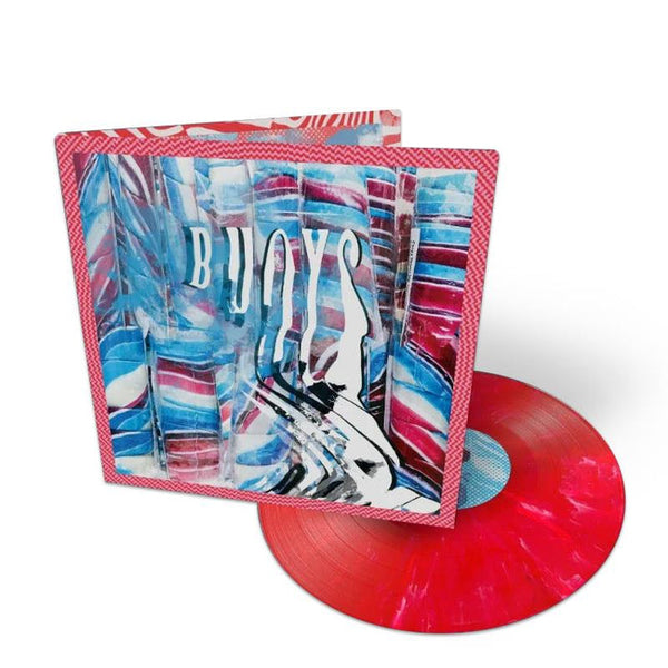 A red marbled vinyl LP record for the album 'Buoys' by Panda Bear, with a colorful abstract design on the cover.