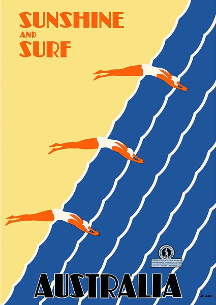 Sunshine and Surf Australia (Three Women Diving Figures). Reproduction Travel Poster