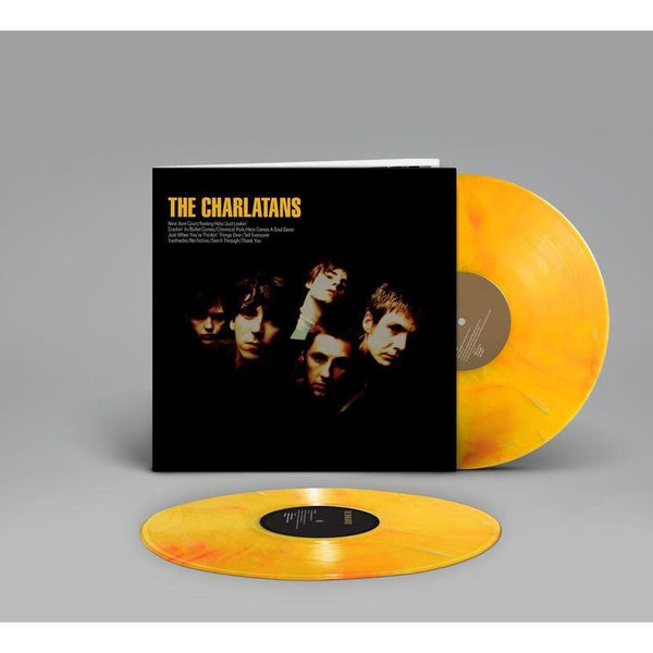 The image shows the album 'The Charlatans - Self-Titled' with a marbled yellow vinyl LP. The album cover features a black background with a photo of the band The Charlatans.