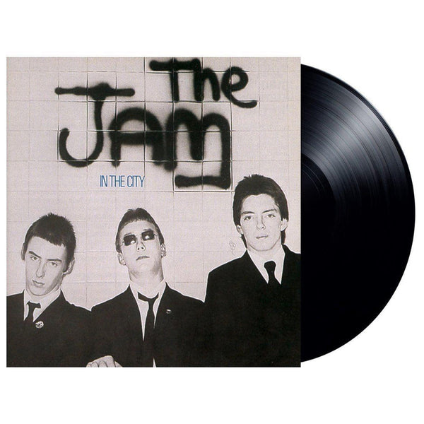The Jam In The City vinyl LP, 1977 punk/mod album, black and white cover with band portrait and bold spray painted typography